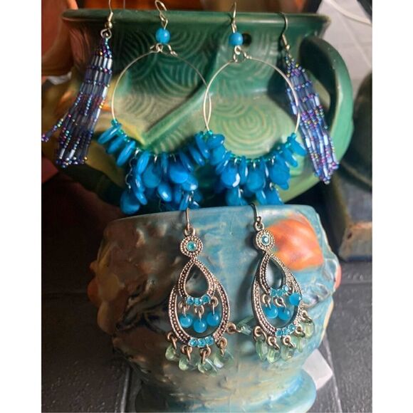 Vintage Shades of Blue Beads Danglers, 3 PAIRS, Unmarked - Picture 2 of 5